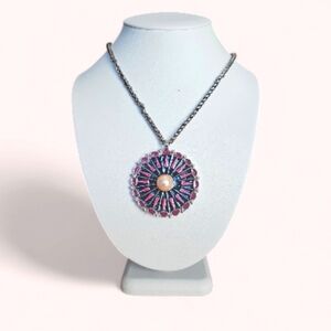 Vintage Heandcrafted Enamel & Pearl Long Pendant Necklace.